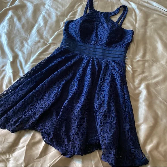 City Studios Fit & Flare Navy Blue Lace Eyelet Semi-Formal Mini Dress Size 9 D10 - Picture 3 of 10